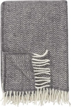 Klippan Yllefabrik Klippan - Chevron - Plaid - Grey - Grijs - 100% Wol - Ecologische Wol - 130cm X 200cm - Met Franjes - Wasbaar