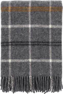 Klippan Yllefabrik Klippan Tartan - Dark Grey - Woonplaid - Donkergrijs Wolwit Okergeel - 100% Wollen Plaid - Duurzame Wol 130cm X 200cm - Wasbaar